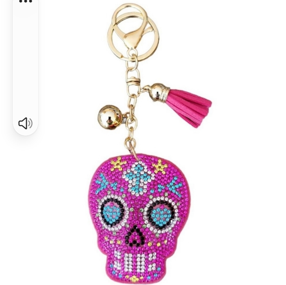 Pink sugar skull puffy keychain multicolored rhinestones ball tassel - Picture 2 of 5